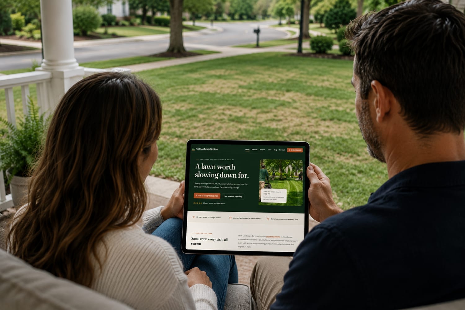 Two homeowners viewing a landscaping company's website, built with PeakCMS, on a tablet