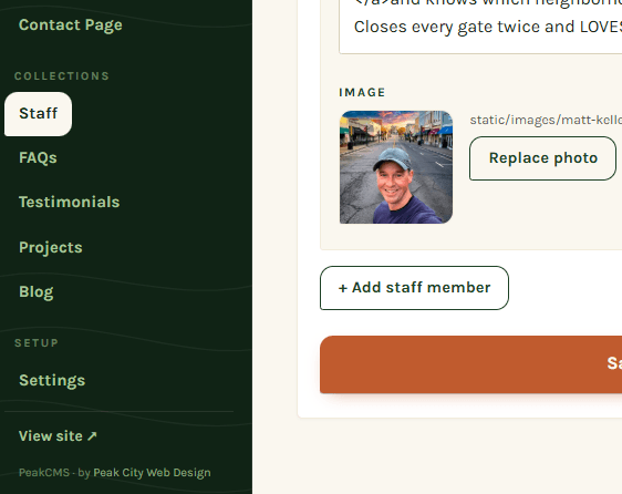 Adding a staff member in the PeakCMS admin with a Replace photo button