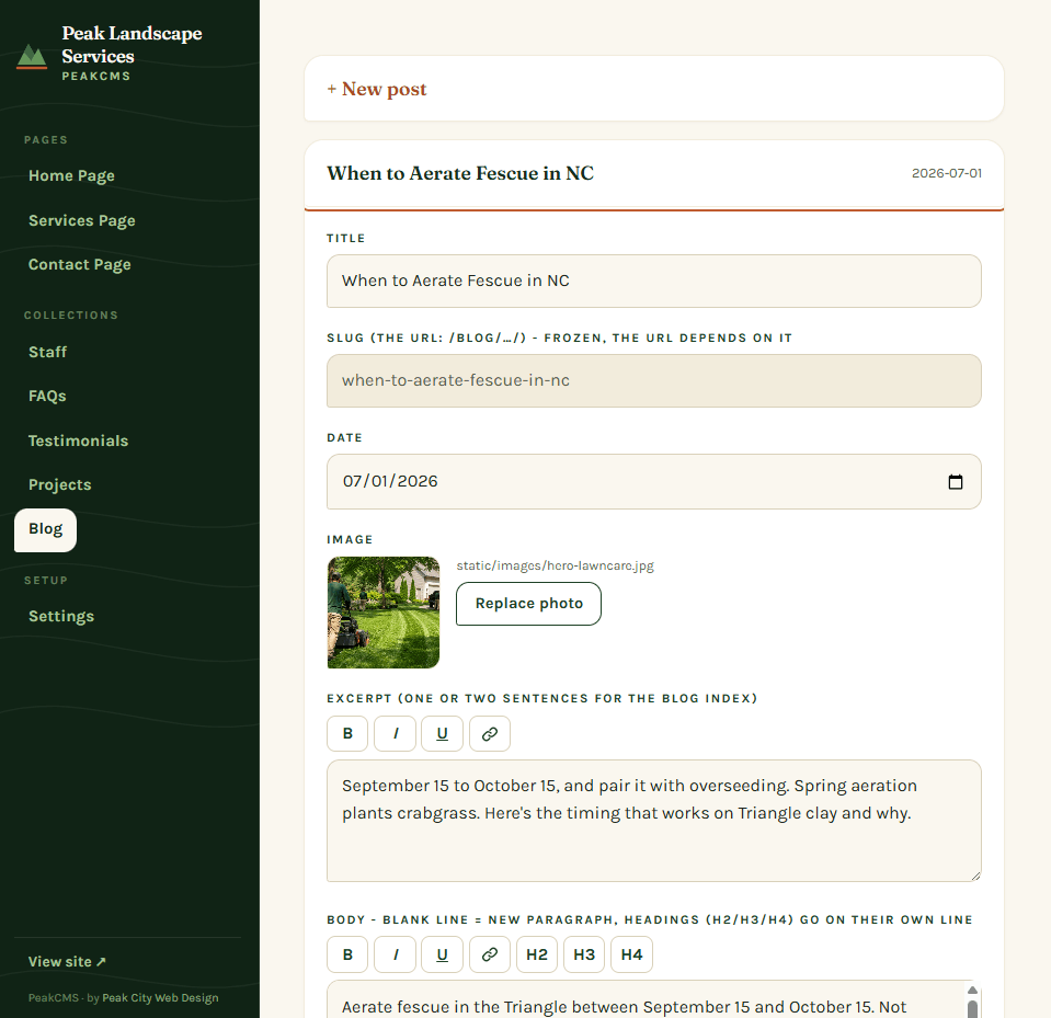 The PeakCMS admin dashboard with Pages, Collections, and Setup in the sidebar and a post open for editing