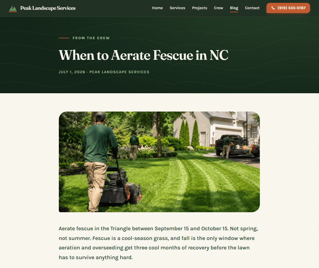 A finished blog post published on a client's live PeakCMS website