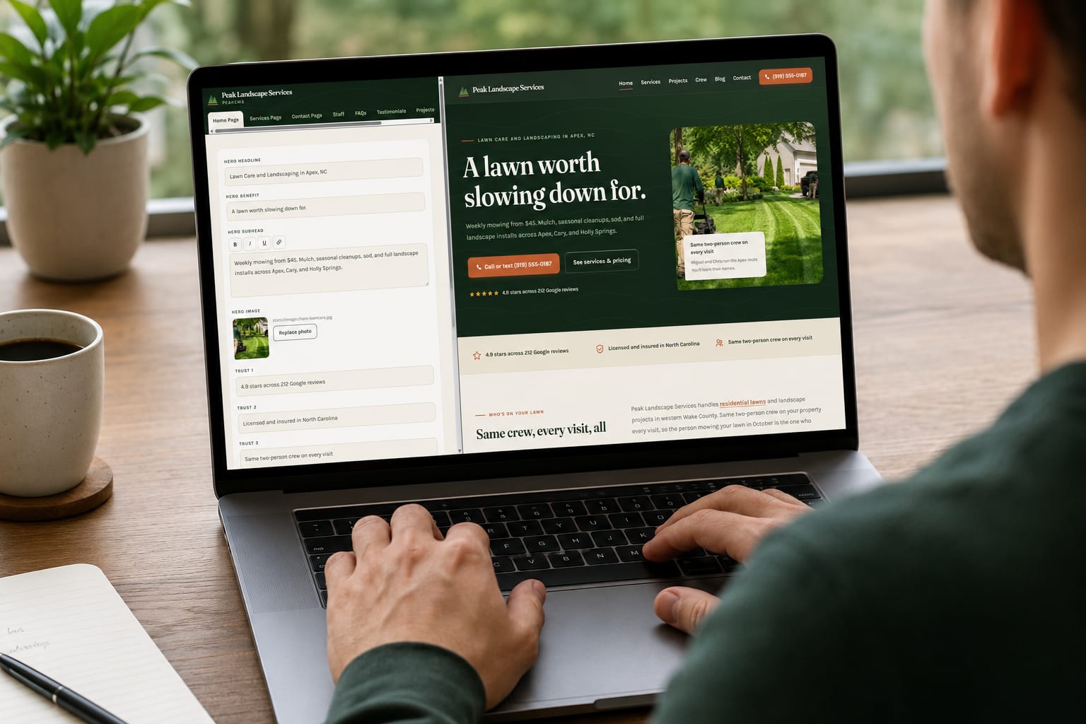 A small-business owner editing their website in the PeakCMS dashboard while the live site updates beside it